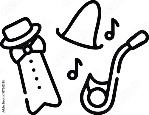 Elegant Jazz Music Icon Set featuring Saxophone and Formal Attire.
