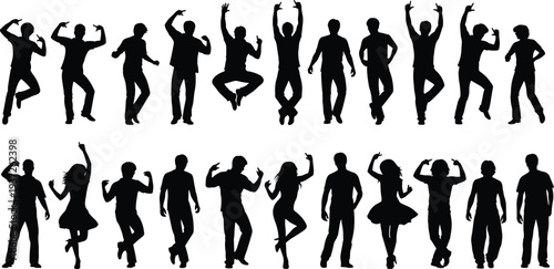 Black silhouette people figures collection showing dancing, jumping, expressive gestures, diverse postures, casual lifestyle, artistic movement, human body motion design