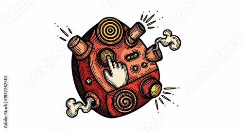 Hand pressing button on red mechanical control device illustration