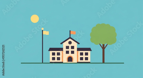 School Building with Flag and Tree Illustration.