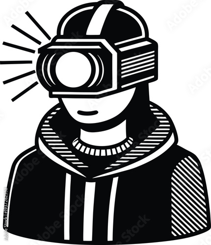 Minimalist Vector Illustration of a Person Wearing a VR Headset in Cyberpunk Style