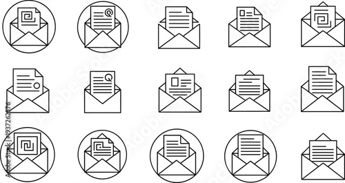 Email envelope icons collection, mail message symbols, electronic correspondence inbox communication vector illustration set