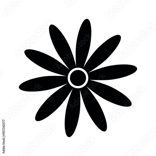 A black silhouette of a simple flower with eight elongated petals radiating from a circular center vector design on a white background