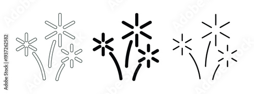 Fireworks icons in three different styles with starbursts and curved lines.