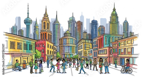 Colorful Urban Cityscape with Skyscrapers and People.