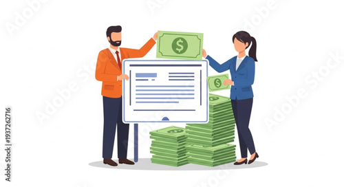 Businesspeople Engaged in Financial Transaction with Large Stack of Cash.