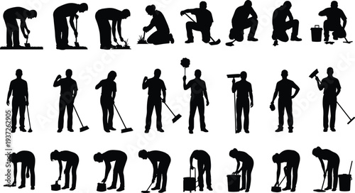 Black silhouette people figures collection showing gardening, digging, planting, weeding, cleaning with mop, duster, squeegee, scrubbing, buckets, household chores lifestyle design