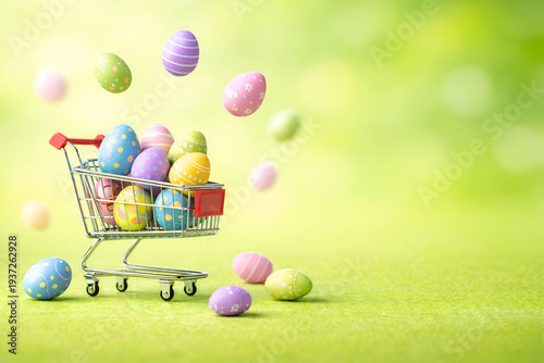 Mini shopping cart filled with colorful Easter eggs on a bright green spring background. Large copy space for Easter sale text, discounts, promo banner, retail offer or seasonal advertising.