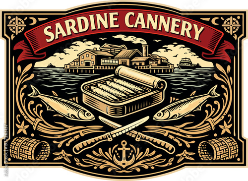 Sardine Cannery Nautical Vintage Label Vector