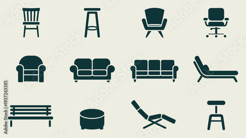 Minimalist Vector Furniture Icons Set Featuring Chairs Sofas Stools and Benches Modern Interior Design Elements for Home Office Decoration Digital Graphic Illustration Collection
