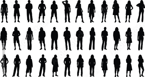 Black silhouette people figures collection showing men and women standing in diverse postures, clothing styles, casual and formal attire, lifestyle artistic design