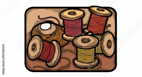 Colored sewing spools and thread in a craft box illustration