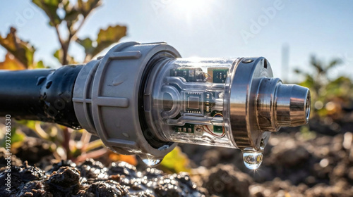 Extreme close-up of an advanced smart drip irrigation emitter with integrated microchip watering soil