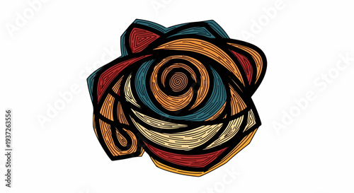Spiral eye emblem in layered blue red and beige line art