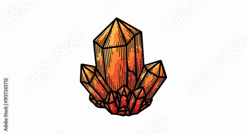 Orange crystal cluster gemstone engraving style illustration