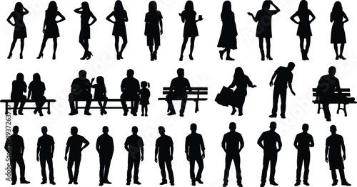 Black silhouette people figures collection showing standing women, sitting groups, children, shopping, relaxed men, expressive gestures, lifestyle, casual posture, artistic design
