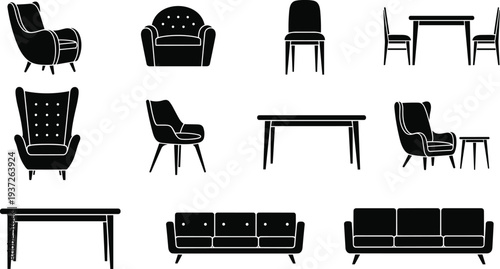 furniture silhouettes set, chairs tables sofa collection, living room furniture, interior design elements, modern home furniture, vector illustration