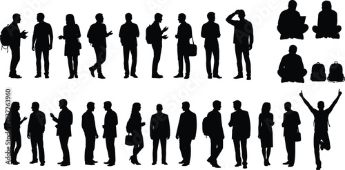 Black silhouette people figures collection showing standing, talking, gesturing, seated cross‑legged, backpacks, jumping celebration, casual lifestyle, expressive posture, artistic design
