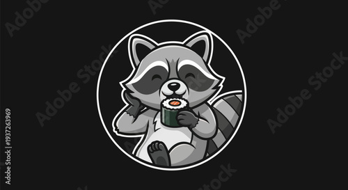 Cartoon raccoon enjoying sushi