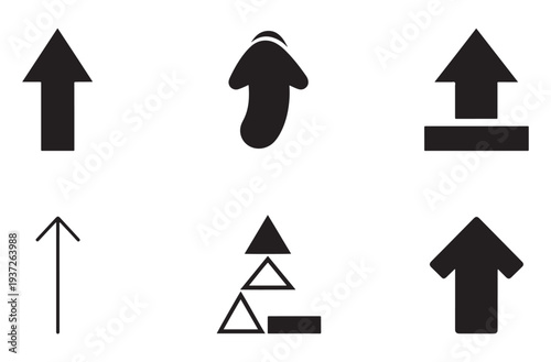 Upload arrow icon set featuring various pointing up silhouettes for web interface navigation and data export indicator for mobile application software and cloud storage media system