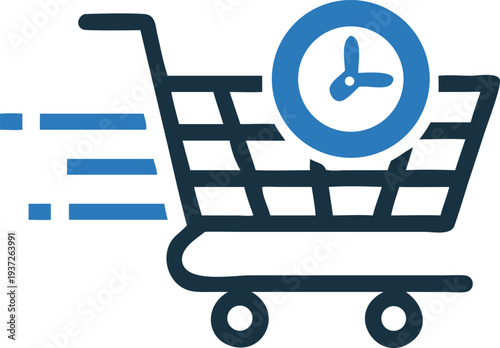 Shopping Cart Line Icon with Clock Face - Fast Delivery Concept
