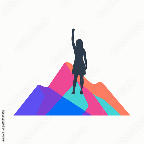 Confident businesswoman celebrating success on colorful mountain peak