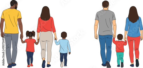 family walking together, parents with children, happy family concept, parenting lifestyle, mother father kids, family bonding, rear view illustration