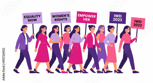 Diverse women marching for equality and women's rights on International Women's Day