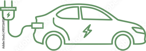 Green electric car charging with a plug and lightning bolt symbol, symbolizing eco-friendly transportation and clean energy for sustainable mobility