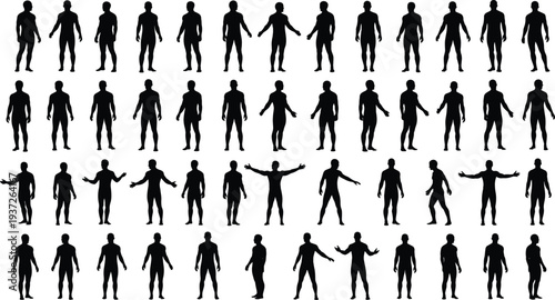 human silhouettes, male figures, standing people, body poses, human body set, people silhouettes, man silhouette collection, isolated vector