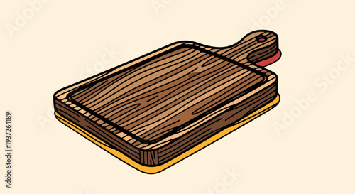 Small wooden cutting board with handle on beige background illustration