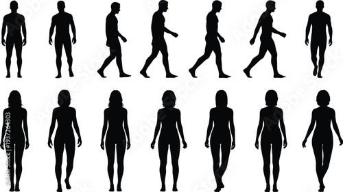human walking silhouettes, male female figures, body movement poses, people walking set, anatomy reference, character design, vector illustration