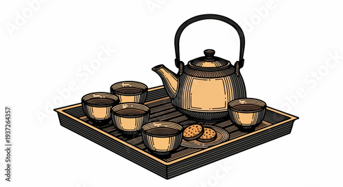 Teapot and five tea cups on rectangular serving tray with cookies illustration