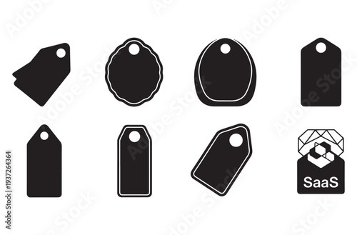 Variety of shopping tags and labels in different shapes and designs, rectangle, oval, scalloped, and diamond shaped with hole for product, price, and branding purposes