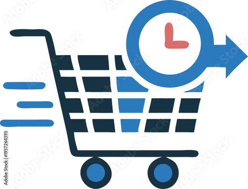 Shopping Cart with Clock Face Graphic - On-Time Delivery