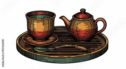 Tea cup and teapot on round tray with bamboo whisk illustration