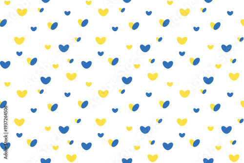 Seamless pattern with blue and yellow hearts symbolizing Down syndrome awareness support. Bright repeating design representing inclusion, diversity, kindness, community solidarity. Ukraine flag colors