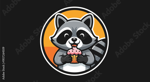 Cartoon raccoon holding cupcake illustration