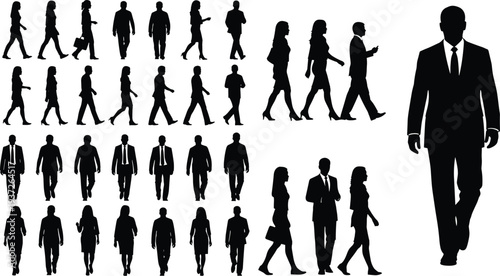 Black silhouette people walking figures collection showing men and women in casual and business attire, diverse postures, lifestyle, fashion, movement design