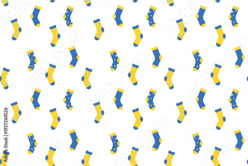 Seamless pattern with blue and yellow socks symbolizing Down syndrome awareness and World Down Syndrome Day. Playful repeating design representing inclusion, diversity, support, community solidarity.