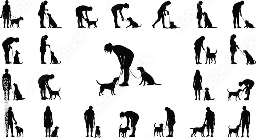 Black silhouette people with dogs collection showing walking, training, feeding, petting, companionship, communication, obedience, care, playful interaction, lifestyle design