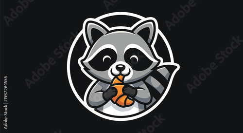Cartoon raccoon holding pastry on black
