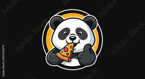 Cartoon panda eating pizza on black