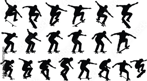 Black silhouette skateboarder figures collection showing tricks, flips, jumps, landings, dynamic motion, balance, urban sport culture, athletic lifestyle design