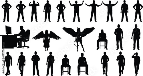 Male human silhouettes collection, standing, walking, sitting, working poses with angel and devil characters, people figure illustration set
