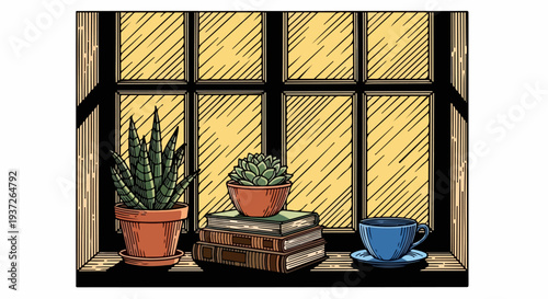 Windowsill with potted succulent books and blue cup illustration