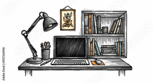 Home office desk with laptop lamp bookshelf and stationery illustration