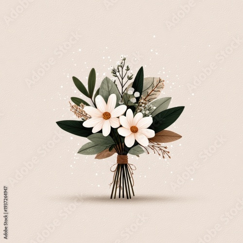 Beautiful floral bouquet with white flowers and green leaves arranged on a light background