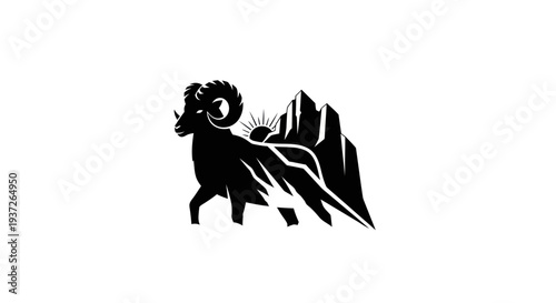 Ram silhouette with mountains and sunrise