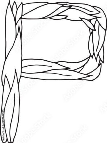 EPS Doodle style letter P drawn with tea leaves. Hand drawn black line art, simple sketch, raw tea leaves arranged in shape of p, organic texture, white background